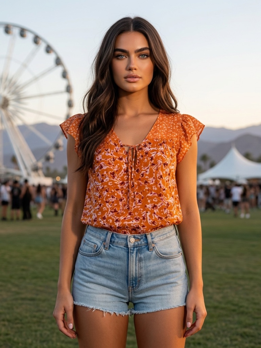 NWT DR2 Blouse Women XS Orange Floral V-Neck Short Ruffled Sleeve Rayon Top